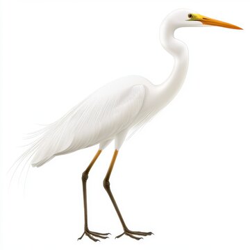 A detailed illustration of a great egret, a large white heron with a long yellow beak and black legs, standing against a white background.