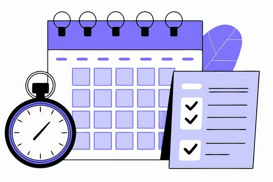 A minimalist illustration featuring a calendar, a stopwatch, and a checklist, emphasizing organization and time management.