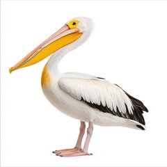 Great White Pelican standing against a white background. The bird is mostly white with black and yellow accents on its beak and wings.