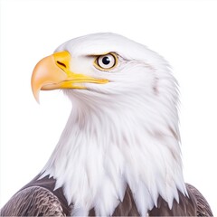 Fototapeta premium Close up profile view of a bald eagle against a white background. The eagle's head and neck are sharply in focus, showcasing its white head, yellow beak, and dark brown body feathers. 