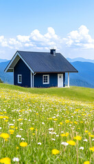 Blue cabin nestled amidst a field of wildflowers, with a mountain backdrop