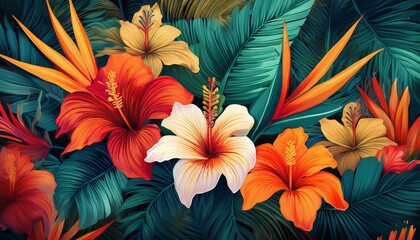Overlapping layers of hibiscus, bird of paradise, and palm leaves, creating a dense tropical design with vibrant colors and lush textures.

