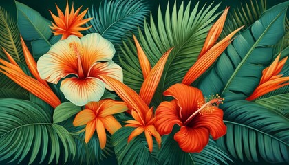 Naklejka premium Overlapping layers of hibiscus, bird of paradise, and palm leaves, creating a dense tropical design with vibrant colors and lush textures. 