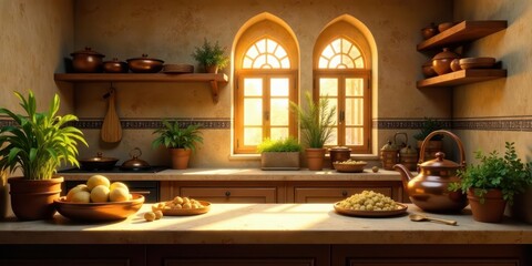 Warm Sunlight Illuminates a Rustic Kitchen with Copper Cookware, Earthenware Bowls, and Lush Greenery