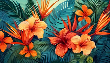 Fototapeta premium Overlapping layers of hibiscus, bird of paradise, and palm leaves, creating a dense tropical design with vibrant colors and lush textures. 