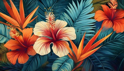 Overlapping layers of hibiscus, bird of paradise, and palm leaves, creating a dense tropical design with vibrant colors and lush textures.
