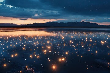 Serene lake at twilight, shimmering with celestial light