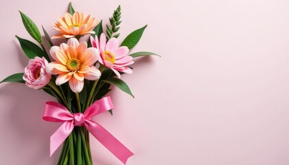Pink ribbon tied around a bundle of fresh flowers, botanical, delicate
