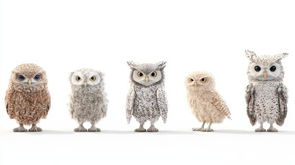 Obraz premium Five Pixel Art Owls in a Row on White Background