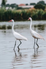 Obraz premium Two white cranes with red beaks wade through shallow water, their reflections visible on the surface. A blurred background features greenery and a hint of a distant landscape.