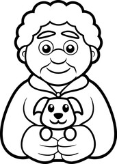 Obraz premium Cartoon of a smiling elderly woman holding a cute puppy in her arms.
