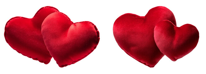 Two sets of plush red heart pillows symbolize love and affection.