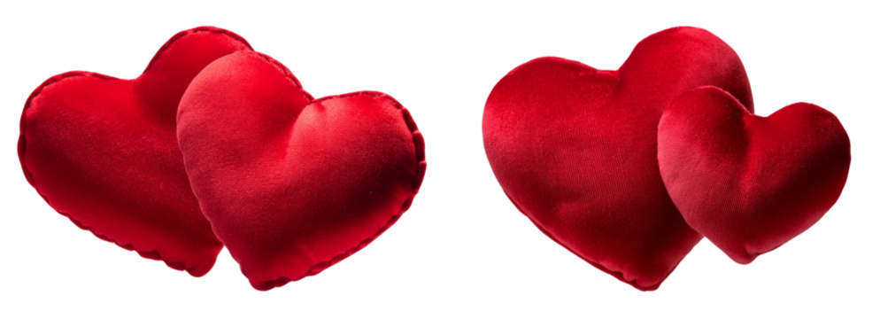Two sets of plush red heart pillows symbolize love and affection.