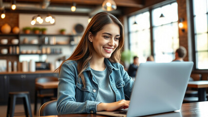 Obraz premium Smiling Brunette Woman Working on Laptop in Cafe Setting.