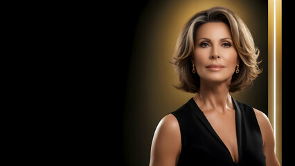 Fototapeta premium Confidence in Her Forties: American Woman with Fair Skin in Studio, 50mm f/2.8, Smooth Skin Stands Out on Black-Gold Gradient