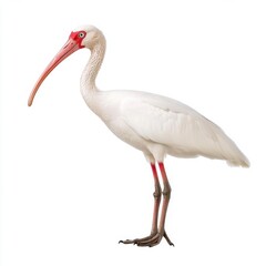 Obraz premium White ibis bird standing on a white background, showcasing its long, curved beak and red legs.