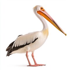 White pelican with orange beak standing on a white background, studio shot.