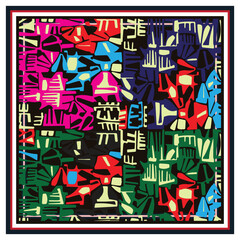Abstract, colorful geometric pattern with bold shapes in red, blue, green, and black, framed with a thick, multi-colored border.