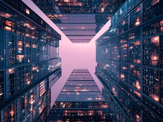 Naklejka premium Glass skyscraper reflecting vibrant neon lights, abstract patterns forming on the surface, artistic and futuristic cityscape, deep blues and purples contrasted with glowing reds and yellows,