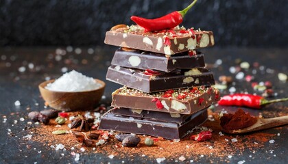 A stack of premium chocolate bars with unique flavors like sea salt and chili.
