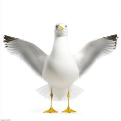 Fototapeta premium White seagull with wings outstretched against a bright white background. Studio shot of a bird with yellow beak and legs.