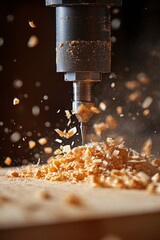 CNC Router in Action Carving Wood with Precision and Speed, Creating a Shower of Sawdust