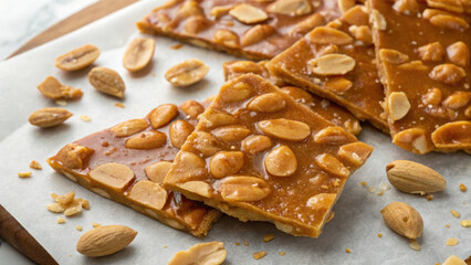 pieces of peanut brittle with peanuts and almonds scattered around. This homemade treat is perfect for satisfying a sweet tooth