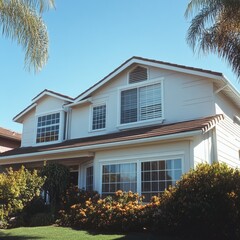 Exterior view of a charming two-story house with lush landscaping, surrounded by palm trees and a vibrant blue sky.