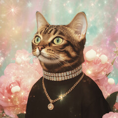 vintage bengal cat with diamante necklace