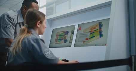 Airport Security Checkpoint: Two Diverse TSA Workers Controlling X-ray Scanning of Suitcase on...