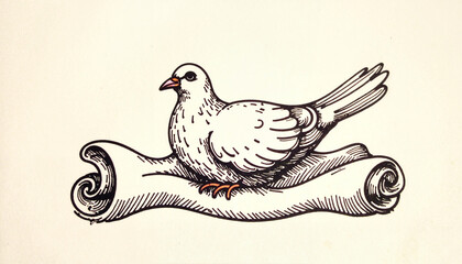 Intricate dove of peace perched on scroll, symbol of harmony