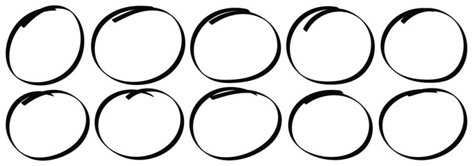 Set of doodle ellipses. Highlight circle frames. Brush strokes oval circle elips elements collection. Ellipses in doodle style. Ink hand drawn paint brush circle. Round scribble doodle note mark. 