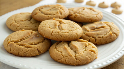 a close-up shot of delicious peanut butter cookies on a white plate, baked to a perfect golden brown and ready to enjoy