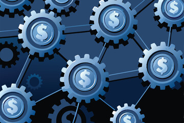 Abstract artwork depicting interconnected gears and coins, symbolizing financial mechanisms.  High detail, vibrant colors.