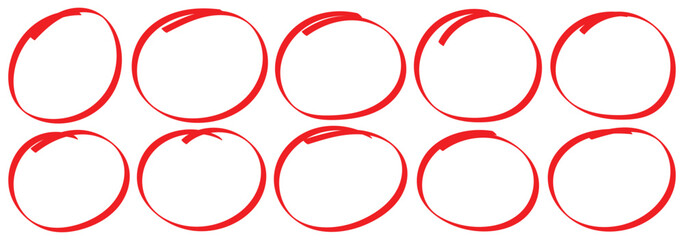 Set of hand drawn red marker round frames icolated on white background. Hand drawn marker stroke style doodle red circle frame. Highlight hand drawing circle isolated on background. Red circle set 888