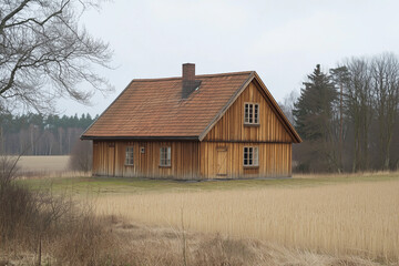Obraz premium Wooden Cabin with a Sloped Roof in a Vast Meadow