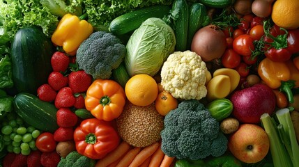 Colorful Arrangement of Fresh Vegetables and Fruits on a Tabletop