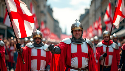 A grand St. George’s Day parade in England, featuring people dressed as medieval knights waving the red and white Cross of St. George flag