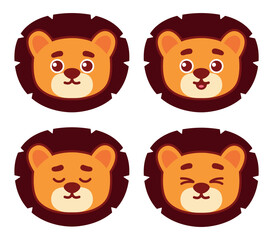 Lion face in different moods. Minimalistic emotions of a lion. Baby lion illustration