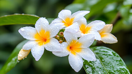Obraz premium Close-up of a cluster of white plumeria flowers with water droplets, vibrant colors and lush green leaves