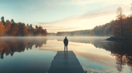 Fototapeta premium Serene morning at a tranquil lake with autumn foliage and foggy reflections