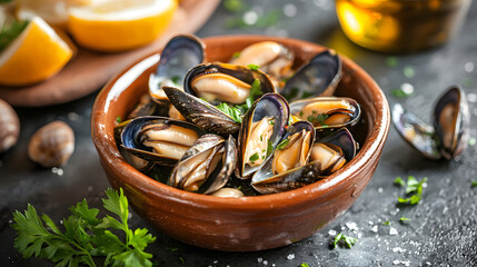 Freshly Steamed Mussels and Cockles Served with Lemon and Herbs in Rustic Bowl on Dark Background