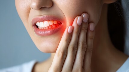 Fototapeta premium Woman Experiencing Toothache Pain with Hand on Face in Close-Up