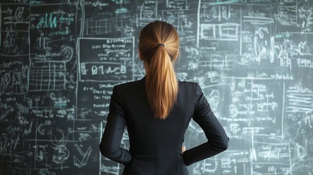 Business professional analyzes complex data on chalkboard in a modern office environment during daytime