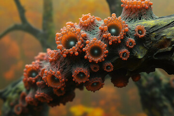 Fototapeta premium Macro detail of intricate orange fungal structures growing on old tree branch, displaying complex, neuron-like formations