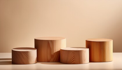 four wooden podiums on beige backdrop