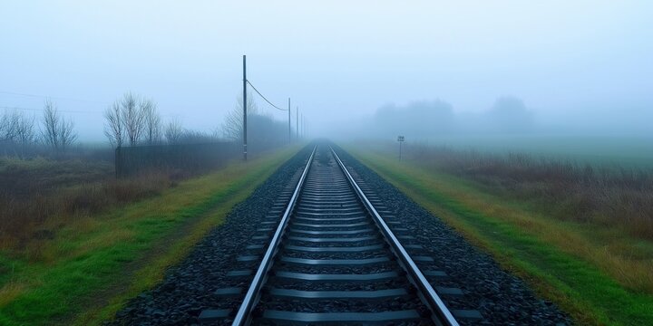A train track is shown in the rain with a foggy atmosphere. The train tracks are wet and the grass is green