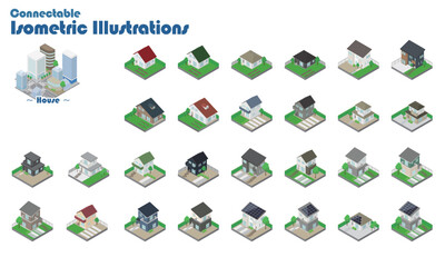 つながる！アイソメイラスト【住宅1】
ユニットをつなげて地図や街並みを作成できる、ジョイント式のアイソメイラストです。
道路や建物、人物など、「つながる！アイソメイラスト」シリーズのユニットと組み合わせて街並みを作成しよう。

各ユニットのコーナー部分を基準に組み合わせてください。必要に応じて、配置したユニット同士の前面/背面設定を調整してください。