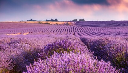 Obraz premium Lavender field with an airy, faded depth-of-field effect, creating a tranquil and calming aesthetic. Perfect for nature-inspired, serene, and peaceful design projects. 