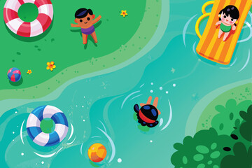 A vibrant cartoon illustration of a swimming pool scene with multiple cheerful characters diving and splashing joyfully.